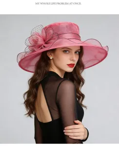 Elegant wide-brim organza sun hat for women, breathable mesh French hat for summer vacation.
