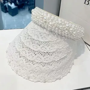 Sombrero de sol vacío de encaje blanco perla mujer elegante playa hueco visera