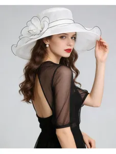 Elegant white organza sun hat for women, large brim French mesh beach hat for summer UV protection.
