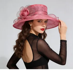 Elegant women organza sun hat wide brim floral mesh Kentucky Derby dress party hat summer