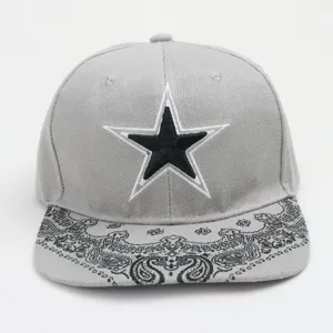 Casquette de baseball grise plate avec etoile brodee et motif cachemire pour la mode streetwear