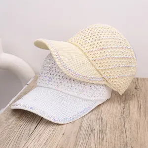 Mujeres Verano Hueco Tejido Strass Visera Gorro Transpirable Anti-UV Superior Vacío Gorra de Playa Moda Casual Viaje al Aire Libre Sombrero de Sol