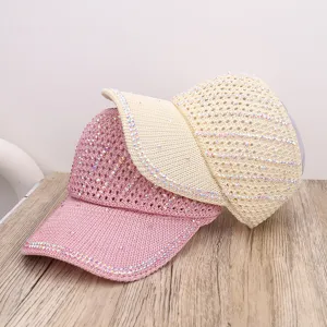 Gorra con visera de diamantes de imitación huecos transpirable sombrero vacío para verano