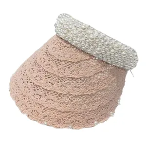 Mujer verano encaje sombrero de sol vacio alto con perlas playa visera gorra moda