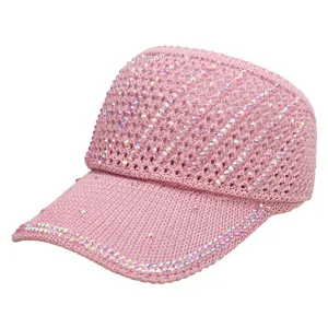 Gorra vacía de punto hueco con diamantes de imitación rosa sombrero de sol transpirable