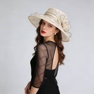 Elegant organza sun hat for women, wide brim mesh sunhat, french style summer beach church hat