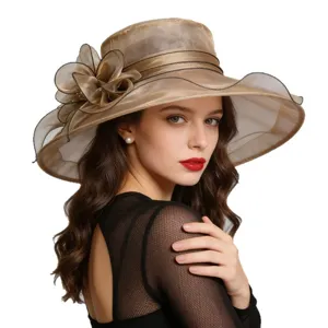Elegant organza sun hat for women, wide brim floral tea party hat for summer wedding beach.