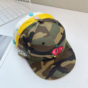 Children or adults camo baseball cap with cute cartoon apple embroidery, flat brim hip-hop hat.