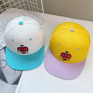 Summer color-block flat brim baseball cap with cute cartoon apple embroidery for casual wear.