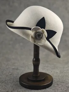 Audrey Hepburn style wool bucket hat with elegant camellia flower, vintage winter warm felt cloche.
