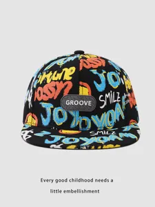 Moderna gorra de béisbol plana con graffiti para niños, sombrero hip hop colorido.