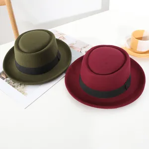 Classic wool felt flat top hat with black ribbon band stylish jazz bowler hat for women men