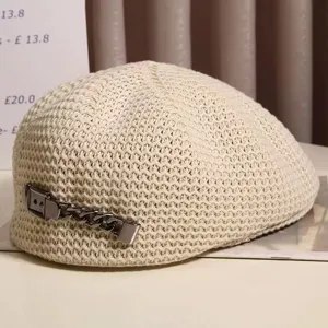 Chapeau béret en tricot filet printemps été pour femmes, casquette élégante chaîne métal.