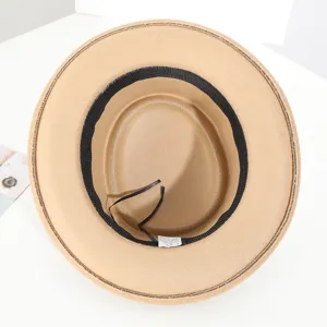 Classic beige felt fedora hat interior detail view, elegant wool hat with black sweatband.