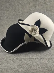 Women wool cloche hat stylish black white contrast retro fedora with camellia flower decor
