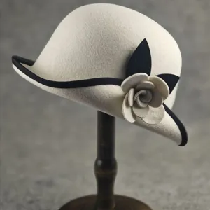 Audrey Hepburn Style Camellia Wool Felt Bucket Hat Women Retro Color Block Wide Brim Fedora Warm Winter Hat
