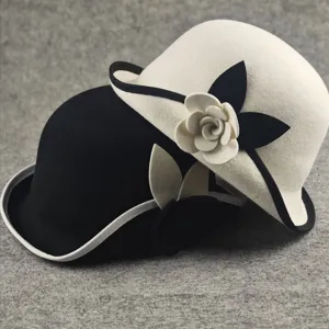 Classic women wool felt bucket hat elegant black white camellia floral cloche hat retro style.