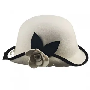 Elegant women's wool felt cloche hat with black trim and camellia flower decoration main view