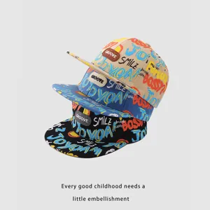 Gorra de béisbol hip hop con grafitis coloridos para niños letras smile y visera plana