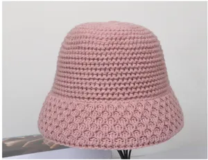 Cappello a secchiello in maglia rosa da donna, cappello da pescatore in lana vintage, caldo inverno casual.
