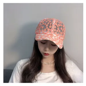 Floral embroidered lace baseball cap for women, breathable mesh sun hat for summer outdoor.