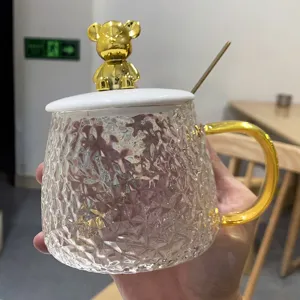 Ins Style Gold Bear Glass Mug with Lid and Spoon Hammered Water Cup Coffee Cup Gift