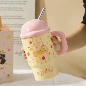 Ceramic cartoon cat mug with straw and lid, cute large capacity water cup for daily office.
