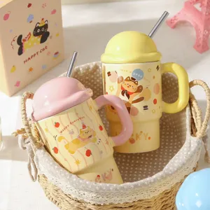 Cute cartoon cat ceramic mug with lid and straw large capacity coffee water cup for student girls