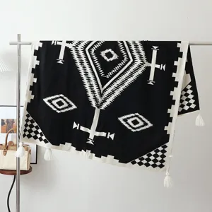 Boho Woven Blanket Black and White Geometric Tapestry Sofa Throw Blanket Tassels Home Decor