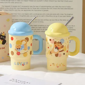 Cute cartoon cat ceramic mug with lid and straw, large capacity water cup for women and students.