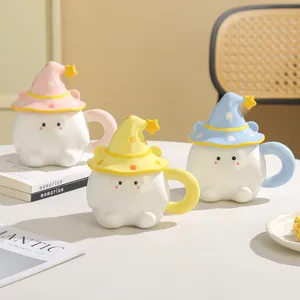 Close-up of cute wizard hat ceramic spirit mugs, featuring pastel colors and playful details.