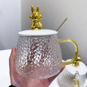 Hammered glass coffee mug with cute gold bear lid, luxury water cup for office and home use.