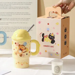 Cute cartoon cat ceramic mug with dome lid and straw, large capacity cute water cup for office home.