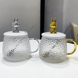 Creative glass water cup with cute rabbit lid and spoon, diamond texture coffee mug for gift.