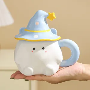 Cute elf ceramic mug with wizard hat lid, creative cartoon coffee cup, unique gift for friends.