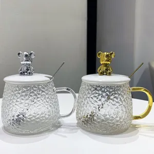 Clear glass coffee mug with cute bear lid and spoon set stylish luxury office couple water cup