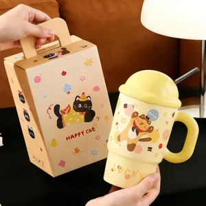 Cute cartoon cat ceramic mug with lid and straw large capacity water cup for women