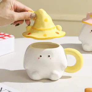 Cute ceramic coffee mug with mushroom hat lid, creative elf design water cup for gift.
