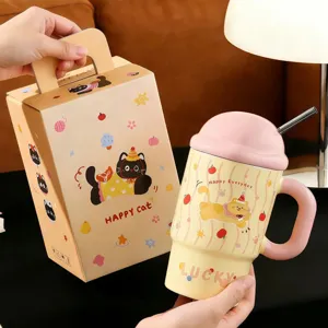 Cute cartoon cat ceramic mug with lid and straw, large capacity cute water cup for girls and students.