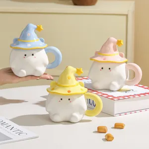 Cute ceramic ghost elf mug detail view, wizard hat lid design, cozy desktop scene decor.