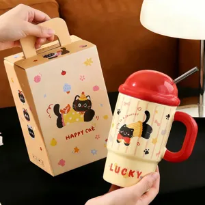 Ceramic cartoon black cat mug with lid and straw, large capacity cute water cup with gift box.