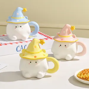 Cute ghost ceramic mug with wizard hat lid, creative quirky coffee cup for gifts and holiday.
