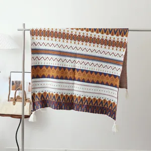 Bohemian knitted throw blanket for sofa, ethnic geometric pattern air conditioning blanket with tassels.