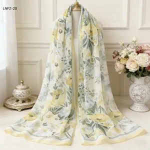 Women Lightweight Milk Crepe Long Scarf Floral Printed Sun Protection Shawl Spring Summer Travel Fashion Scarf