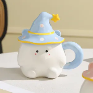 Close-up view of the cute ceramic elf mug with wizard hat lid and playful ghost body design.