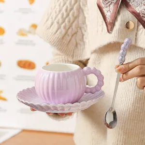 Set Tazza da Caffè e Piattino in Ceramica Stile Ins Smalto Perlato Tazza a Forma di Zucca con Cucchiaio per Tè