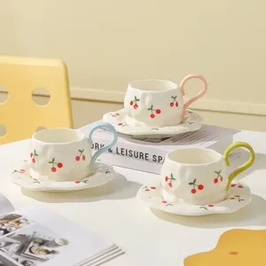Hand-pinch ceramic breakfast coffee cup and saucer set with cute cherry print pastel handle