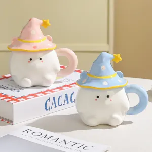 Cute wizard hat ceramic coffee mug with lid creative spirit water cup for daily use