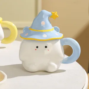 Close-up detail of creative elf ceramic coffee mug with cute wizard hat lid and smooth handle.
