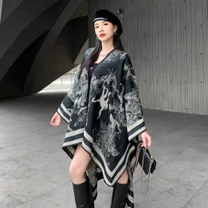 Dames vintage jungle print gebreide poncho cape stijlvolle casual kwast warme sjaal.